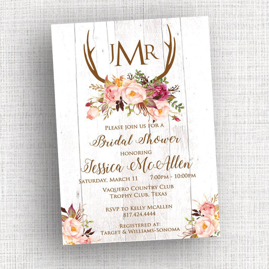 Boho Wedding Invitations – Rustic & Antler Design for Showers & Rehearsals