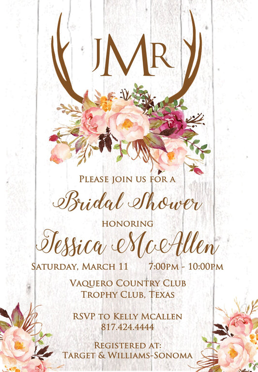 Boho Wedding Invitations – Rustic & Antler Design for Showers & Rehearsals